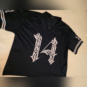 YoungLA Navy Blue Mesh LA Graphic Sports Jersey with White Logo